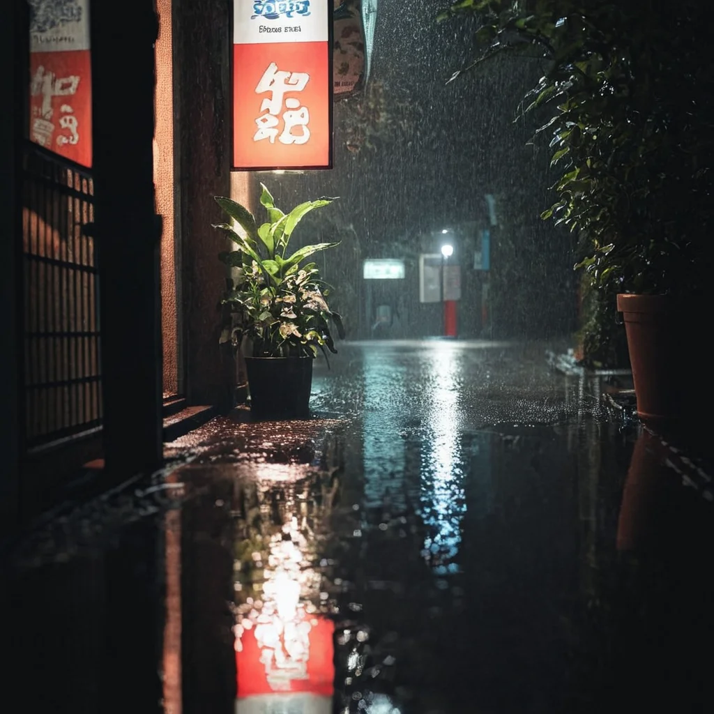 radiant darkness, scenery, sign, night, outdoors, no humans, building, reflection, dark, water, rain, light, puddle, road, street, potted plant, <lora:Radiant_Darkness:1>