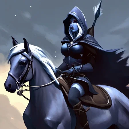 1girl, <lora:Drow:1> Drow, hood, riding a horse