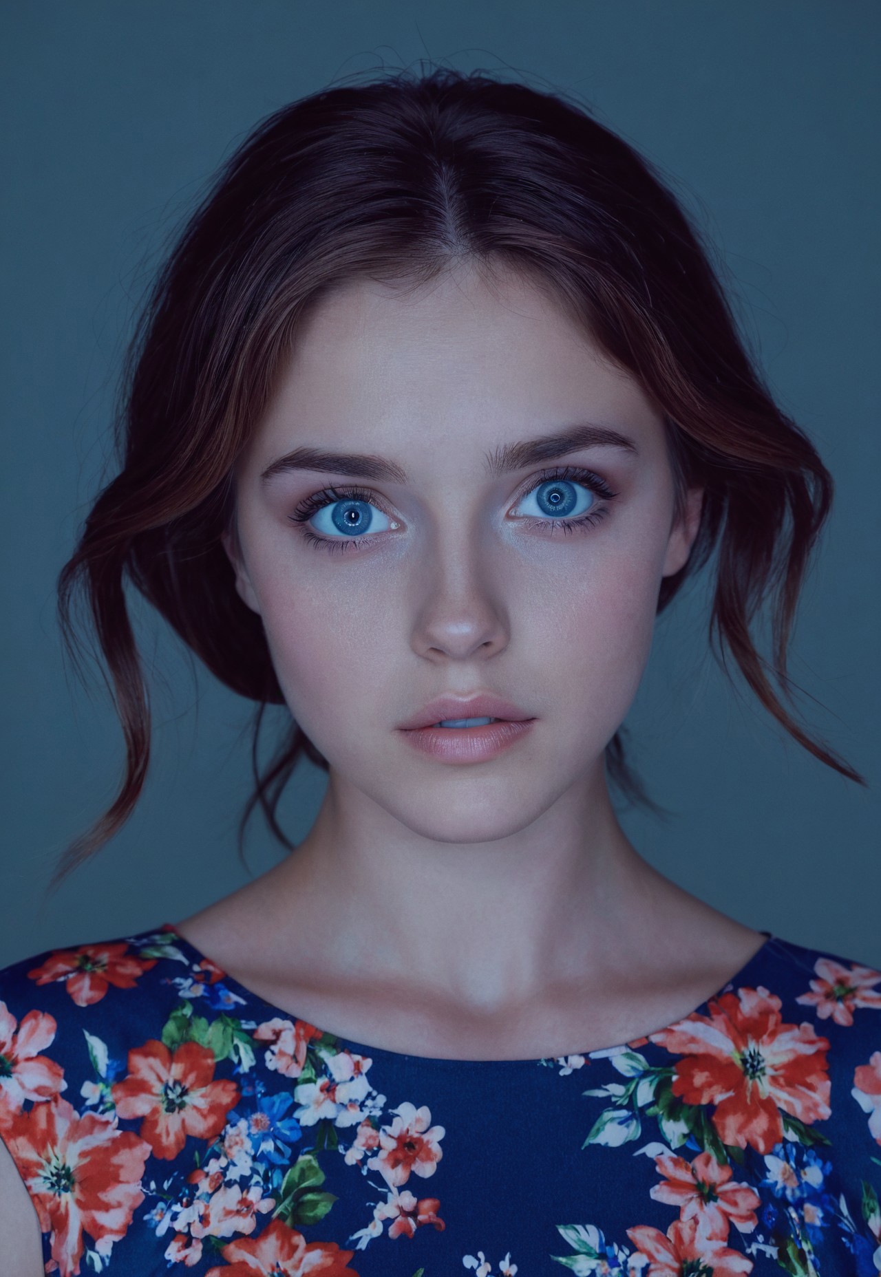 instagram photo, front view, portrait photo of a 24 y.o woman, brown hair, blue eyes,wearing floral dress, beautiful face, cinematic shot