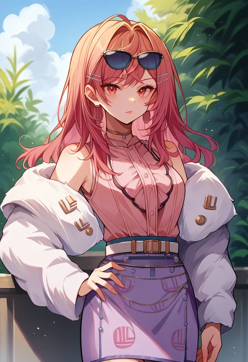 score_9, score_8_up, source_anime, 1girl, solo, RirikaBase, long hair, hairclip, sunglasses on head, choker, sleeveless shirt, pink shirt, belt, skirt, white jacket, fur jacket, cropped jacket, outdoors, hand on hip, <lora:ChamIchijouRirikaPonyXL:1>