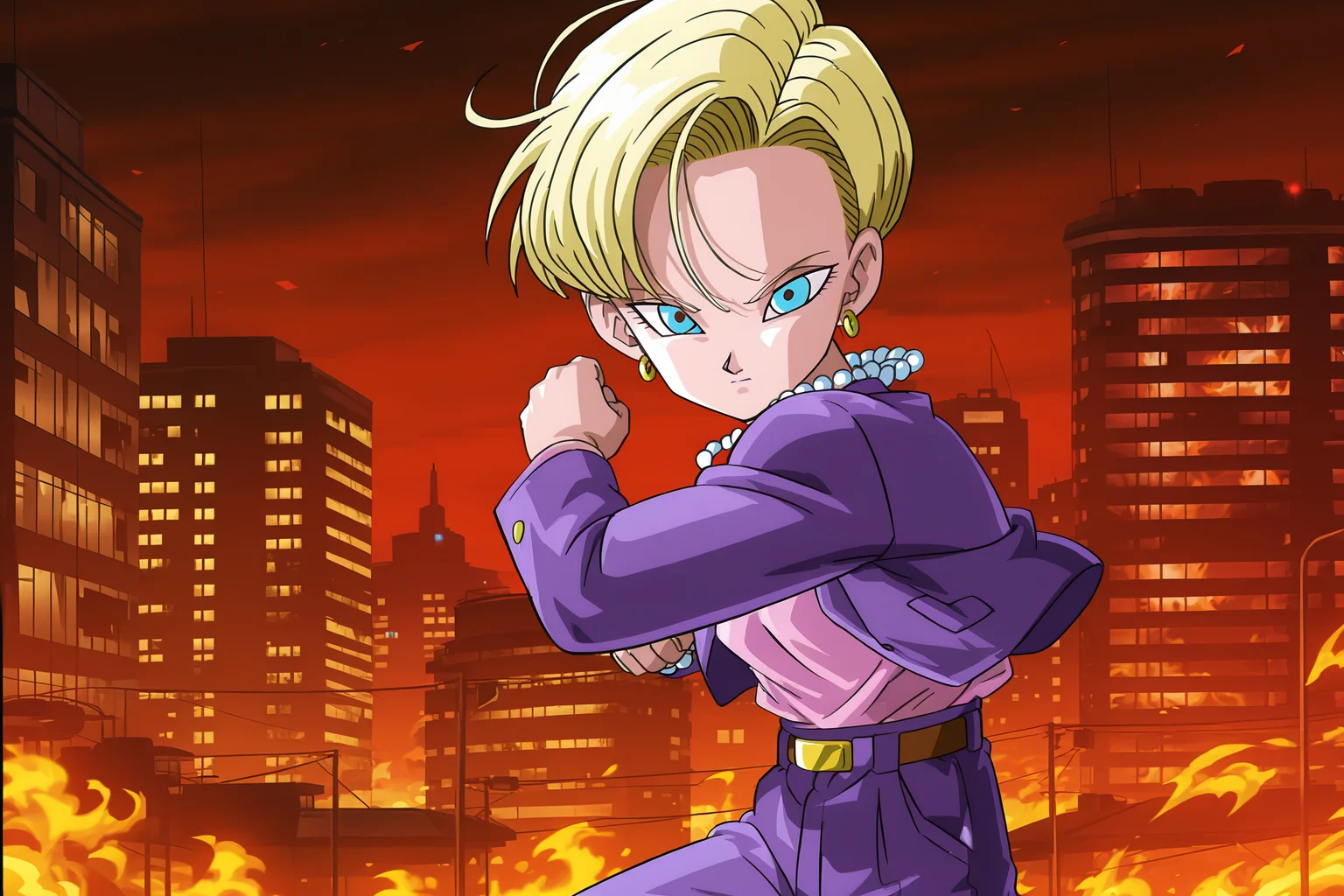 anime screencap, absurdres, high quality, official style,
android 18, very short hair, blue eyes, blonde hair, bangs official style, fighting stance, cowboy shot, looking at viewer, city, neon, burning buildings, red hue, flames, dragon ball gt, gt suit, pearl necklace, open blazer, gold earrings, purple jacket, lapels, high waisted bottomwear, purple pants, pink shirt, shirt tucked in, belt, wind
<lora:Android_18_-_Dragon_Ball:0.8>
