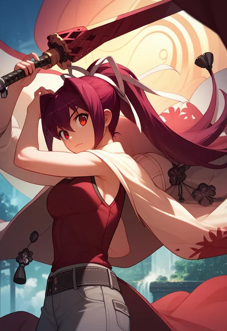 score_9_up, score_8_up, score_7_up, extreamly detailed, beautiful detailed face, complex detailed background, completely clothes, BREAK, 1girl, NEGATIVE_HANDS, YUZURIHA, YUZURIHA REGULAR WEAR, RED TORN ROPE, weapon, holding weapon