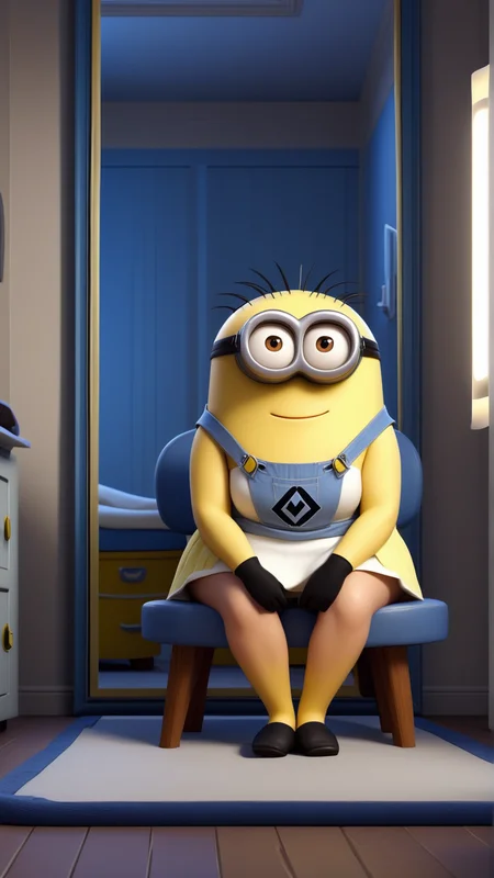 fantasy, archaeology theme, <lora:MinionStyleXL:1> MinionStyle a young woman sitting in her dressing room, appreciating her form after removing her makeup and clothes as a minion, 3D, pixar, CG