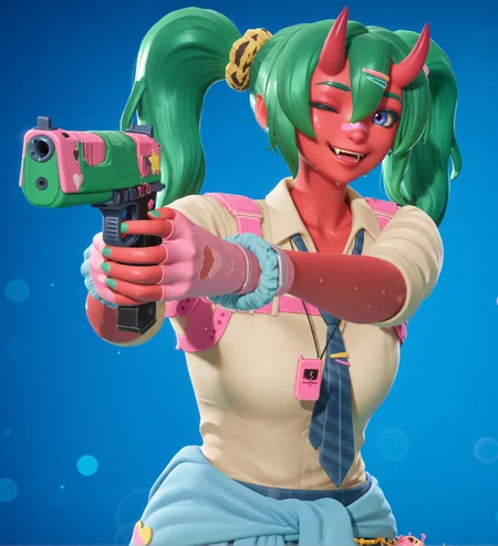 high quality, masterpiece, intricate details, absuredres, (wink, fangs, smile, :d, holding, handgun, aiming, upper body, depth of field, bokeh, blue background, solid background:1.5), fortnite_nemia, 1girl, solo, green hair, twintails, ponytail, long hair, bangs, hair between eyes, hair over one eye, ears, horns, oni horns, single horn, red skin, pink skin, blue eyes, parted lips, bandaid, bandaid on nose, bandaid on thighs, breasts, shirt, school uniform, necktie, plaid skirt, thighhighs, socks, loose socks, boots, jewelry, earrings, bracelet, charm, belt, gloves, fingerless gloves, knee pads, leg warmers, collarbone, solo, colored skin, hair ornament, hairclip, scrunchie, holster, striped necktie, clothes around waist, oni, plaid, charm (object), blue necktie, sweater around waist, animal print, heart, shoes, star (symbol), thigh holster, (female focus, female_focus, sweating, sweat:1.4), <lora:Fortnite_Nemia_Demonically_Cute_Set_ILXL_E41_16_DIM:1>, <lora:dmd2_sdxl_4step_lora:1>