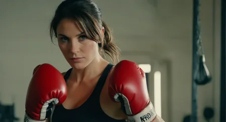cinematic film still of <lora:Cinematic Film:1> Cinematic Film stock footage in (arri alexa style) Kodak film print, a woman with a boxing glove on her hand Cinematic Film Style, shallow depth of field, vignette, highly detailed, high budget, bokeh, cinemascope, moody, epic, gorgeous, film grain, grainy