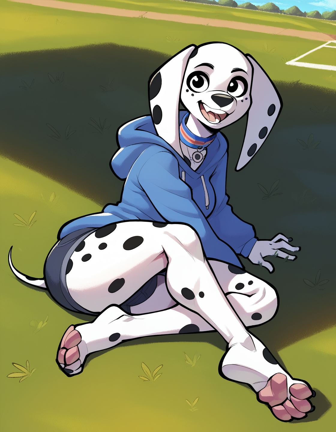detailed background, scenery, backyard, grass, lawn, BREAK, score_9, score_8_up, score_7_up, score_6_up, score_5_up, score_4_up, <lora:StS_detail_slider_v1:1.3>, <lora:Spikedmauler_Style_Pony_XL:0.85>, Sp1kedMauler, by spikedmauler, BREAK, source_cartoon:1.2, tall female, 25 years old, <lora:dolly_d:0.6>, furry, anthro, dolly_d, dalmatian, dog ears, black eyes, collar, wide hips, open mouth, pink paws