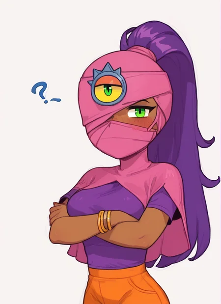 score_9, score_8_up, score_7_up, 1girl, bstara, Third Eye, purple hair, ponytail, dark skin, dark-skinned female, mask, one-eyed, cape, bracelet, crop top, purple shirt, orange pants, solo, long hair, breasts, large breasts, jewelry,, <lora:bstara:1> <lora:PossumMachine:1>posmach confused, crossed arms, blush, ??, looking at viewer,