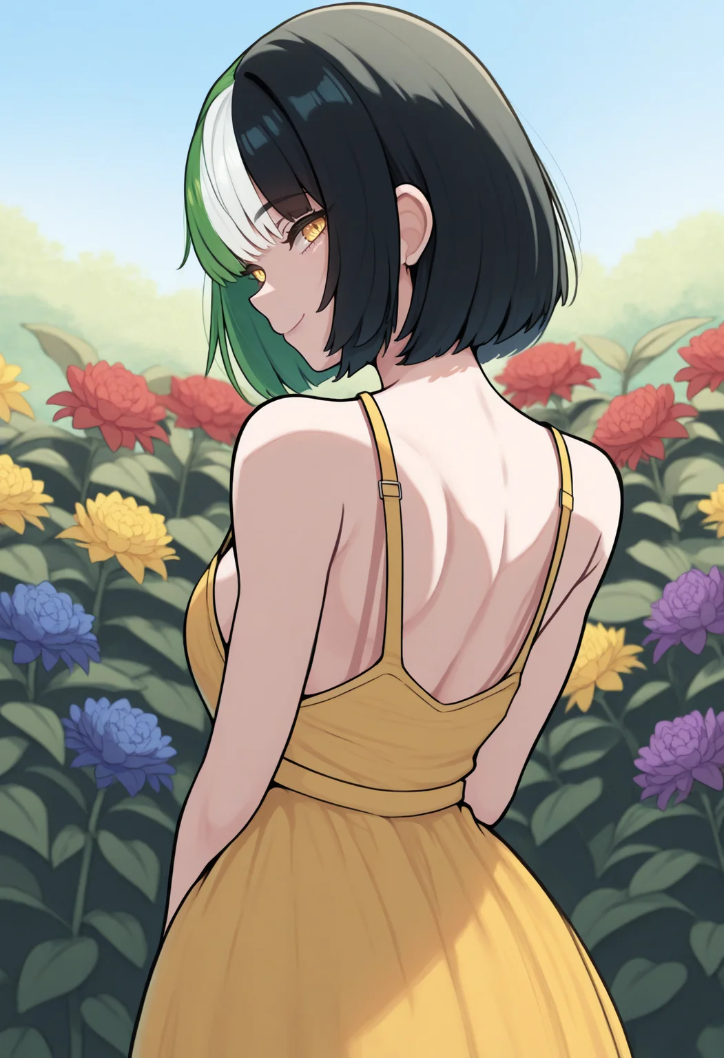 masterpiece, best quality, 1girl, solo, short hair, bob cut, NSMelionPalHair, green hair, black hair, white hair, multicolored hair, yellow eyes, medium breasts, from behind, outdoors, garden, flower, red flower, blue flower, purple flower, yellow flower, looking back, yellow sundress, shoulder blades, sleeveless, smile, <lora:NSMelionPalHairIllu:1>