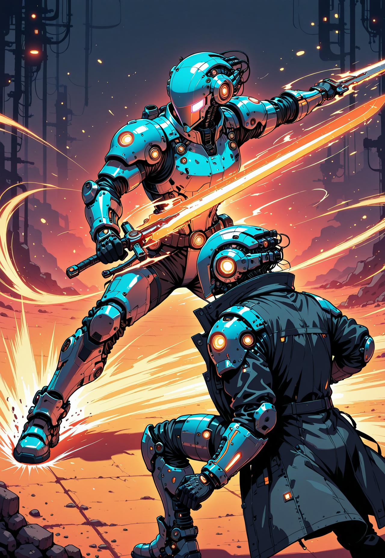 masterpiece, ultra detailed, ultra-detailed, 32K, very aesthetic, 2d, 1man, full armor, black trenchcoat, open coat, hi-tech, sci-fi, neon orange, orange glow, dynamic pose, fighting stance, (motion effect:1.5), dual wield, holding swords, glowing blade, zzCitronLegacy, in the style of cknc,