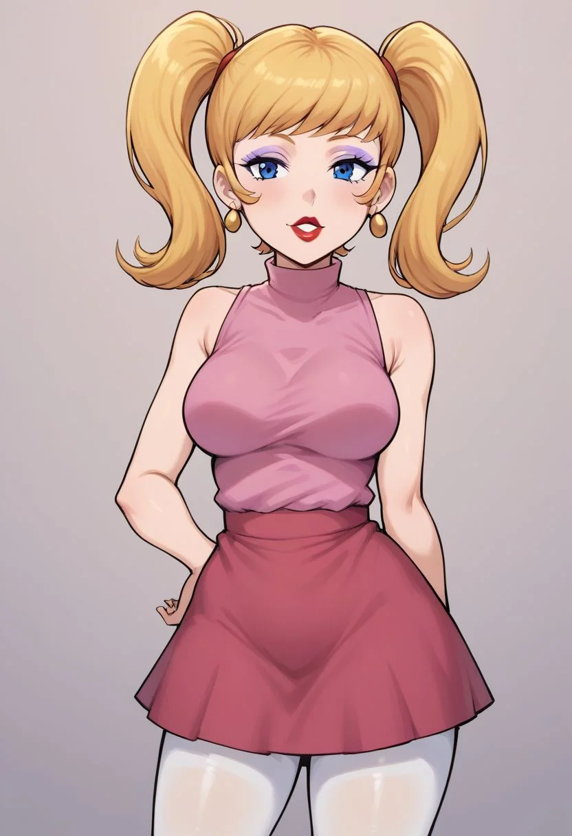 Candi (Dexter's Laboratory), blonde, light purple eyeshadow, red lipstick, baby blue eyes, twintails, pink shirt, sleeveless, pink skirt, white pantyhose, Expressiveh, syuro, standing,