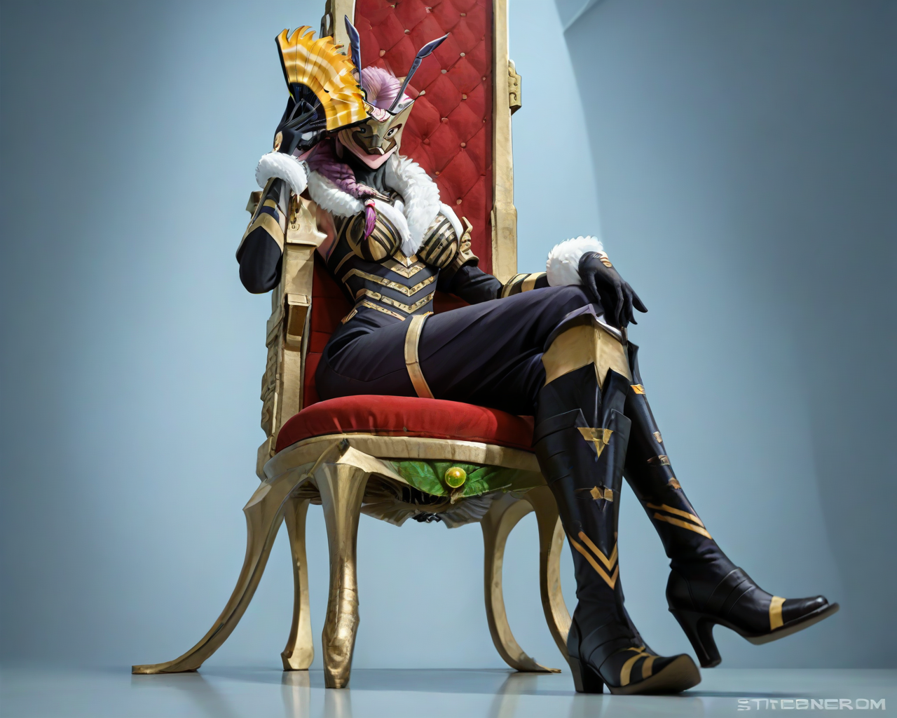 score_9, score_8_up, score_7_up, score_6_up, score_5_up, score_4_up, rating_safe,photorealistic,cinematic,detailed,film grain,professional photography,1girl,solo,queenbeemoni,mask,antenna,purple hair,braided ponytail, hair ornament, sitting on throne,throne,indoors,legs crossed,holding fan,fanning self, <lora:QueenBeemonPony:0.97>, zPDXL2,