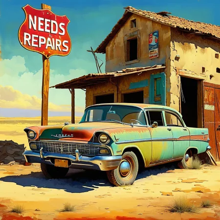 style of [ Eytan Zana | Alfons Walde | Halil Ural ], score_9, score_8_up, score_8_up, ng_deepnegative_v1_75t, colorful, magical, dreamlike, painterly,  iillustration, CAR (OLD, JUNKER, DUSTY) WITH SIgn on it that reads  "NEEDS REPAIRS" very detailed: 1.5, masterpiece, PYS-XL,