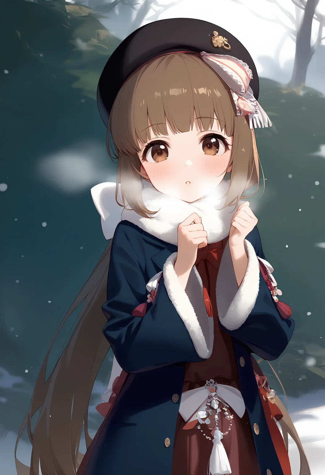 1girl,
yorita yoshino,
blush, outdoors, red bow, brown hair, snowing, solo, sleeves past wrists, wide sleeves, fringe trim, brown eyes, parted lips, upper body, scarf, breath, frilled bow, blue jacket, jacket, ponytail, black hat, looking at viewer, fur-trimmed jacket, bow, hat, very long hair, beret, hair bow, long sleeves, long hair, hands up, fur trim, white bow, high ponytail,
sfw
<lora:a31_char_new_yorita_yoshino-000016:1> <lora:a31_style_koni-000010:0.8>