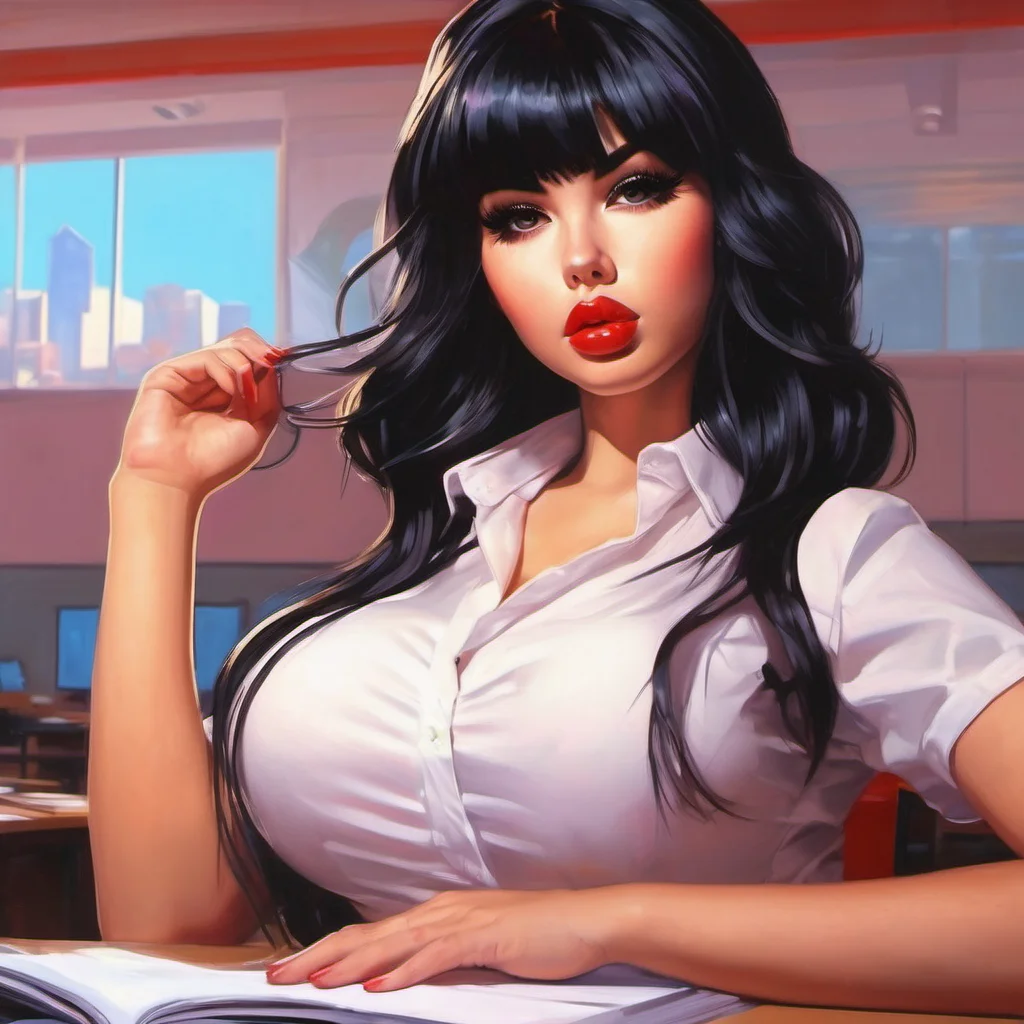 Masterpiece painting by Ilya Kuvshinov of slutty posing bimbo schoolgirl in class, bmbplora, ultra detailed, cleavage, thick brows, mega tits, enormous chest, black hair, full_lips, boobs, makeup, lips slutty, sexy outfit, ultrares, absurdres, 8K, ultra quality, dramatic lighting, girly, <lora:bmbploraxl6:0.5>