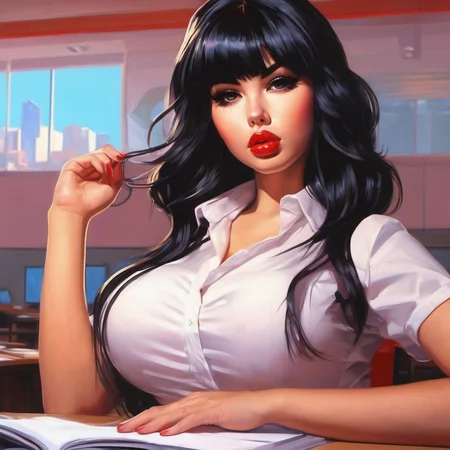 Masterpiece painting by Ilya Kuvshinov of slutty posing bimbo schoolgirl in class, bmbplora, ultra detailed, cleavage, thick brows, mega tits, enormous chest, black hair, full_lips, boobs, makeup, lips slutty, sexy outfit, ultrares, absurdres, 8K, ultra quality, dramatic lighting, girly, <lora:bmbploraxl6:0.5>