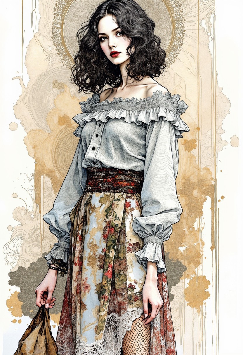 This is a digital artwork created in a mixed media style, blending elements of watercolor and ink.  Image of a Japanese young woman with dark eyeshadow, red lips, medium-length hair, ruffled blouse, a filmy lace dress, fishnet stockings