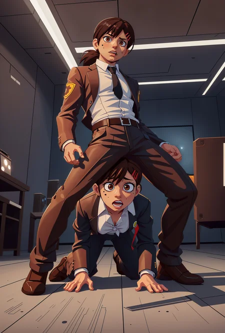 <lora:LEDarrayTech:0.6> ledarraytech , scifi, geometrical, (high angle:1.2) <lora:WryyyyyPose:0.8> IncrsWryyyyy, wryyyyyyyyyyyyyyyyyyyy, (bended knees:0.75), <lora:kobenihigashiyamatest:0.8> kobeni higashiyama, black hair, hair ornament, hairclip, (mole, mole under eye:0.8), ponytail, short hair, (brown eyes:1.5),, black necktie, black pants, business suit, formal, long sleeves, necktie, pants, suit,