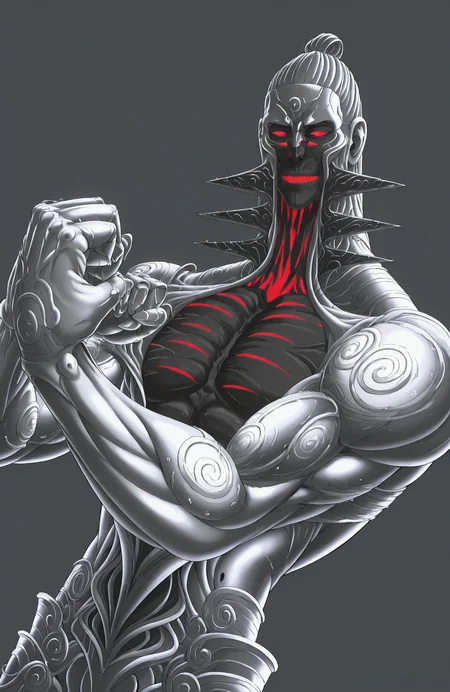 <lora:[Char - IL] Asura's Wrath - Chakravartin (R1E16):1> aw_chakravartin,
upper body,
humanoid, silver body, muscular male,
dynamic angle,
fighting stance, clenched hands
simple background,
anime style, anime coloring,