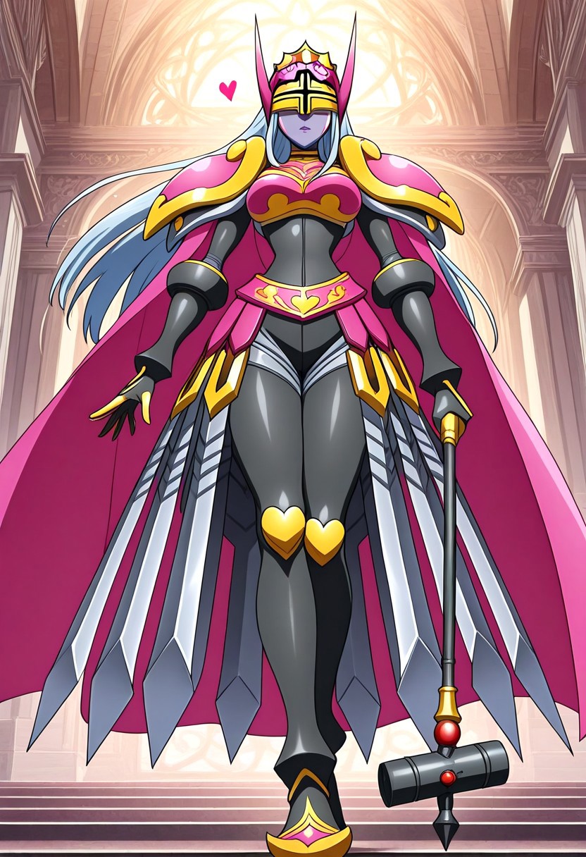 finetuneanime, anime screencap, official art, detailed anime, ultra detailed anime art, anime screencap, screencap, score_9, score_8_up, score_7_up, masterpiece, anime coloring, source_anime, Queen Chessmon, 1girl, armor, long hair, cape, black bodysuit, shoulder armor, colored skin, breastplate, bodysuit, (((large breasts, curvy, wide hips))), narrow waist, digimon \(creature\), high heels, weapon, silver-blue hair, helmet, pauldrons, grey skin, boobplate, heart, gloves, crown, boots, covered eyes, pink cape, full armor, parted lips, ((lipstick, purple lips)), belt, black gloves, spikes, waist cape, faulds, gauntlets, makeup, horns, jewelry, shoulder pads, mask, gold armor, bracelet, skin tight, armored skirt, swords on skirt, high heel boots
BREAK 
Stable_Yogis_PDXL_Positives, fullbody shot, standing, side view, attacking with weapon, ((1hand holding war hammer, holding weapon, war hammer)), posing, dynamic pose,