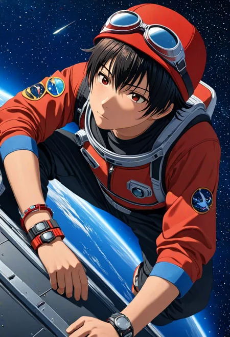 Highres, Masterpiece, High Quality, 4K, Yuusuke Fujisaki, 1boy, solo, black hair, Realistic Light, red hat, goggles, concentration, space background, red hat, goggles, bracelet, anklet