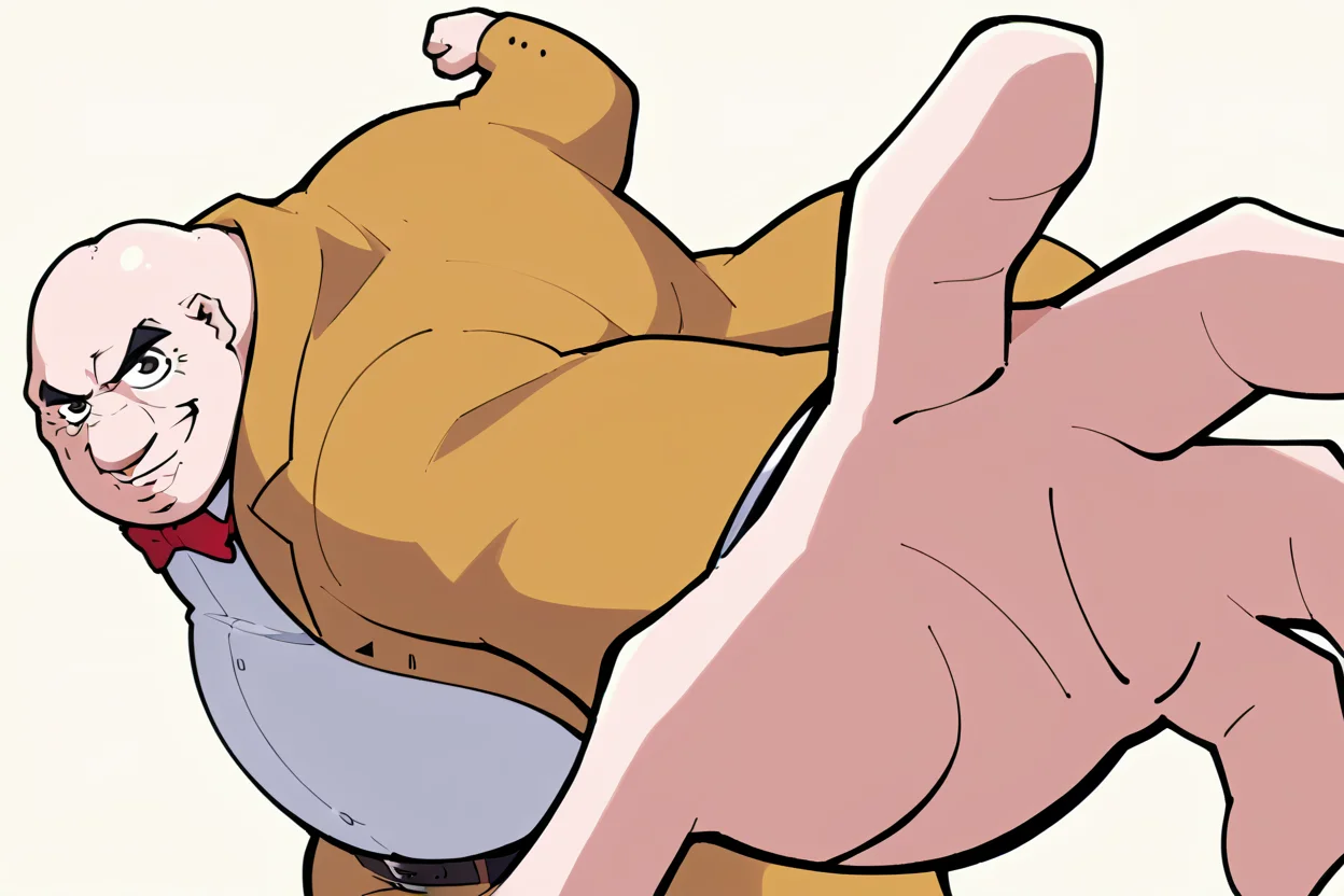 score_9, score_8_up, score_7_up, score_6_up, source_anime, BREAK male focus, solo <lora:p5kobayakawa-pdxl-nvwls-v1-000005:1> p5principal, fat man, obese, bald, yellow jacket, formal, white shirt, red bow tie, belt, yellow pants, smirk <lora:PepePunchMeme_XLPD:1> IncrsPunchMeme, incoming punch, simple background
