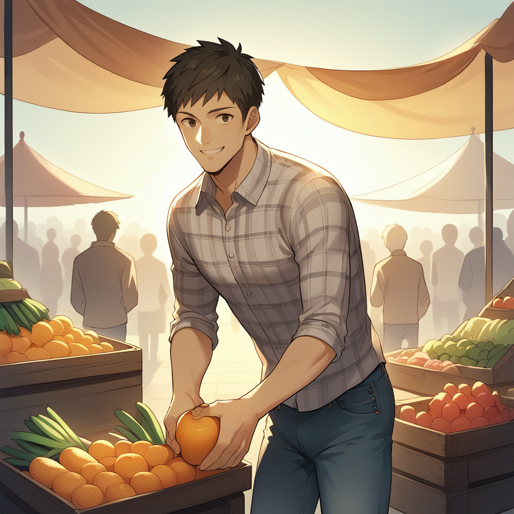score_9, score_8_up, score_7_up, score_6_up, score_5_up, score_4_up, zPDXL2,source_anime,rating_questionable,cowboy shot,1boy,smile, crowd, plaid shirt, jeans, leaning forward, holding fruit, looking at viewer,  <lora:Produce_Market:0.8> m4rket, outdoors, afternoon, sun rays, fruit, vegetable, market stalls