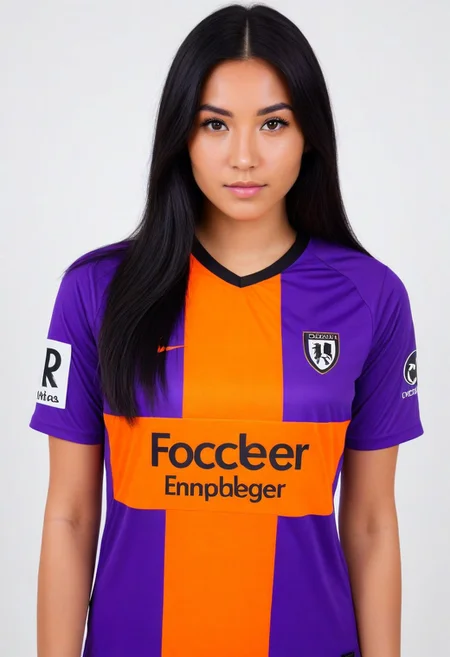 photo of a girl with long black hime cut hair, pretty face, looking at viewer. simple background, white background.
(wearing soccer_jersey, purple theme, orange theme, english text).