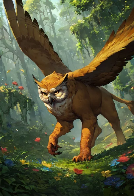 score_9, score_8_up, 8, score_7_up, score_6_up, solo, owl head, beak, quadruped yellow bear, gryphon, wings, rushing in the lush green forest, dutch angle, flowers, colorful