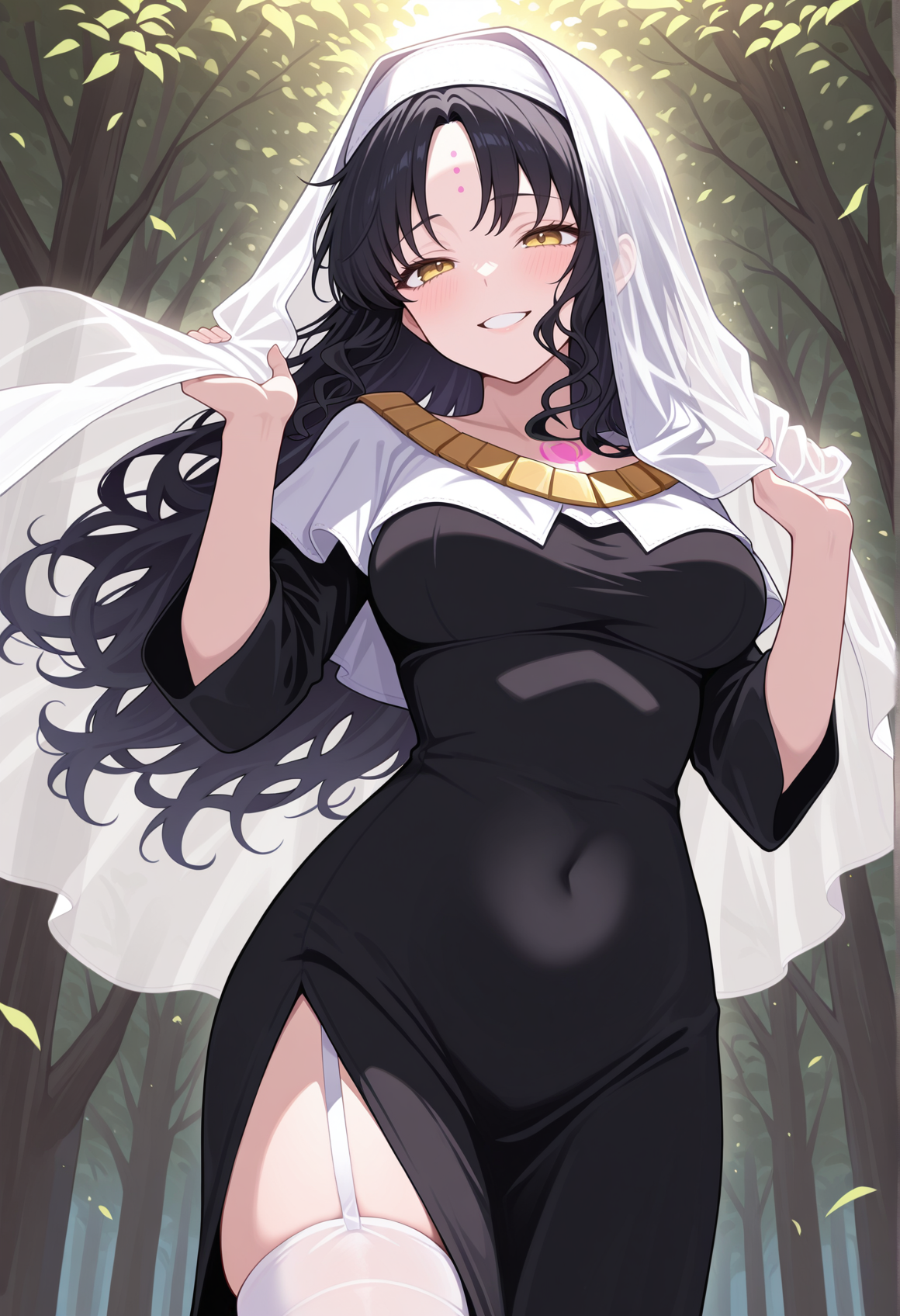 1girl, yellow eyes, necklace, nun, removing veil, wind, black hair, long hair, curly hair, forehead mark, side slit, White thighhighs, cowboy shot, outdoors, wind, smile. dappled sunlight, teeth   <lora:kiara_heaven_hole:1>, masterpiece, best quality, amazing quality, very aesthetic, absurdres, highres, newest