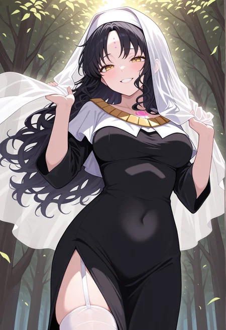 1girl, yellow eyes, necklace, nun, removing veil, wind, black hair, long hair, curly hair, forehead mark, side slit, White thighhighs, cowboy shot, outdoors, wind, smile. dappled sunlight, teeth   <lora:kiara_heaven_hole:1>, masterpiece, best quality, amazing quality, very aesthetic, absurdres, highres, newest