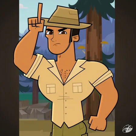 score_9, score_8_up, score_7_up, score_4, score_5, score_6, eyes cartoon style, perfect eyes, dynamic view, dynamic pose, High Quality, perfect body, cartoon source, break
Diego Olivo, 1boy, solo, tanned skin, brown eyes, chest hair, muscular, Big chest, Big pecs, thick eyebrows, hat, ochre shirt, olive green shorts, annoyed, sticking out middle finger, break, focus in face, Upper body,
Forrest, sunny, blue sky