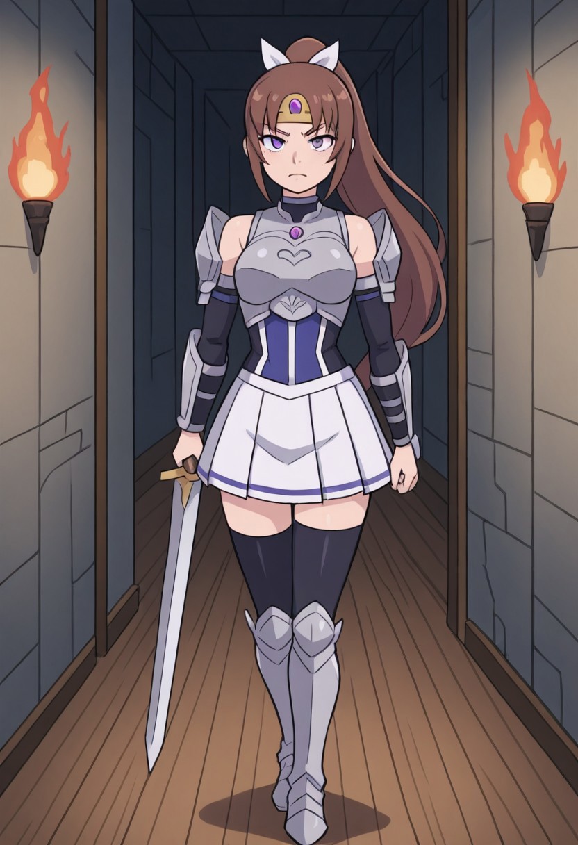 amazing quality, very aesthetic, absurd resolution, masterpiece, 4k resolution, (hand with four fingers and one thumb), BREAK 1girl, full body, <lora:Princess_Dianne_DKD-09:1>, Princess Dianne, brown hair, long hair, purple eyes, tiara, ponytail, hair bow, hourglass figure, walking, stern, looking at viewer, annoyed, (black choker, (purple top, turtleneck, sleeveless, gold trim), (white skirt, pleated skirt,), (black thighhighs, purple trim), (black arm warmers, purple trim), (chest armor, breastplate, silver,) gem, (arm armor, silver), holding sword, (armored boots, silver), ), cowboy shot, BREAK (corridor, stone walls, wooden floor, torch attached to wall, no men, 1girl, solo,),