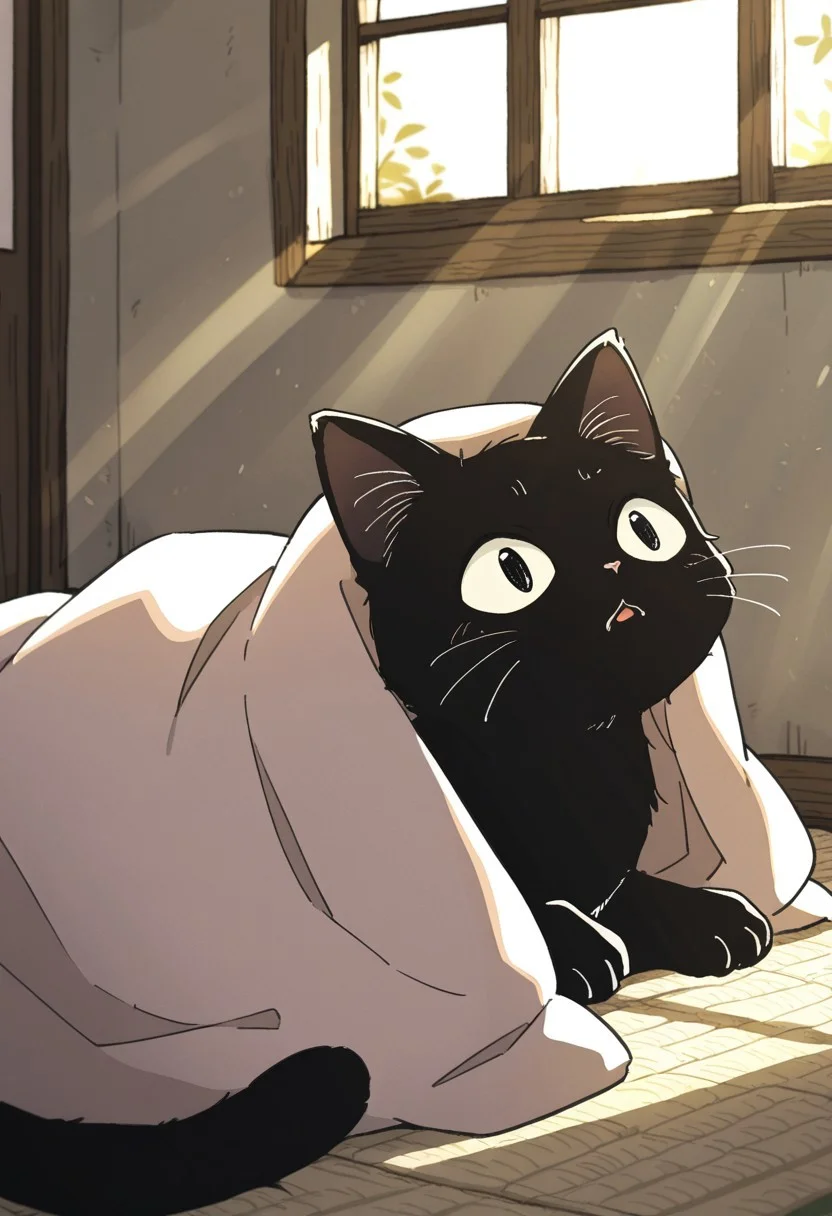 (masterpiece, best quality, high quality, highres), very awa, highres, absurdres,
chii-kun \(seedyoulater\), (naguru \(cyoroama\):0.8),
(cat:1.2), black cat, (no humans:1.1), paws, fur, (cute:1.2), comfy, solo,
scared, OO,
under the blanket, cozy room, window, day, sunlight, sun rays, beautiful background,