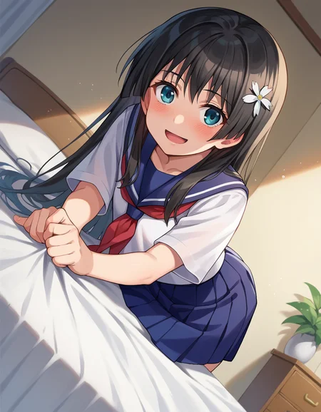 score_9, score_8_up, score_7_up, source_anime,
satenruiko, <lora:saten-ruiko-ponyxl-lora-nochekaiser:1>,
saten ruiko, black hair, blue eyes, long hair, hair ornament, flower ornament, smile,
blue skirt, pleated skirt, sakugawa school uniform, school uniform, serafuku, skirt, summer uniform,
indoors, bed, bed room, on side, blush, drunk,
looking at viewer, cowboy shot, dutch angle,