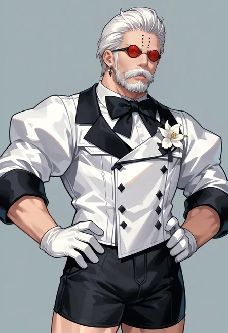 score_9, score_8_up, score_7_up, source_anime, mlgdbtdrs, beard, black shorts, black trim, boutonniere, white flower, bowtie, male focus, moustache, white gloves, white hair, white jacket, earrings, forehead markings, puffy sleeves <lora:godbert-pdxl:1>, red-tinted eyewear, flexing bicep, hand on one hip