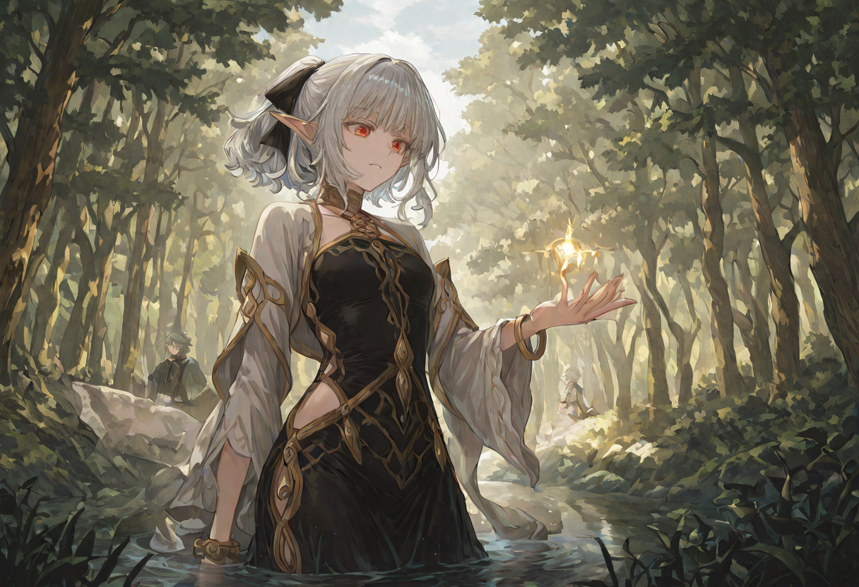 <lora:illustrious_quality_modifiers_masterpieces_v1:1>, masterpiece, best quality, very aesthetic , grateful expression , <lora:Atou-ILXL-v1:1>, isekai_mokushiroku_mynoghra, atou_(isekai_mokushiroku_mynoghra), red_eyes,silver_hair,ponytail,pointy_ears,short_stature,hair_intakes,wavy_hair,hair_ribbon,medium_hair,black_clothes,white_shawl_sleeves,halterneck,bangle,jewelry,side_cutout , Atou is within A serene forest pond scene bathed in late afternoon light. The foreground features a still body of water reflecting the sky and surrounding trees. The water's surface sparkles with sunlight, creating a shimmering effect. The pond is bordered by muddy banks with sparse vegetation. In the middle ground, a dense forest of tall evergreen trees forms a dark silhouette against the sky. Bare deciduous trees are interspersed among the conifers, suggesting late autumn or early spring. The background showcases a partly cloudy sky with a mix of white and gray clouds against patches of pale blue. The sun, though not visible, casts a soft, diffused light across the scene, creating a moody atmosphere. The overall color palette is muted, dominated by shades of blue, gray, and dark green, with touches of golden light on the water's surface.. Atou interacts with the environment.