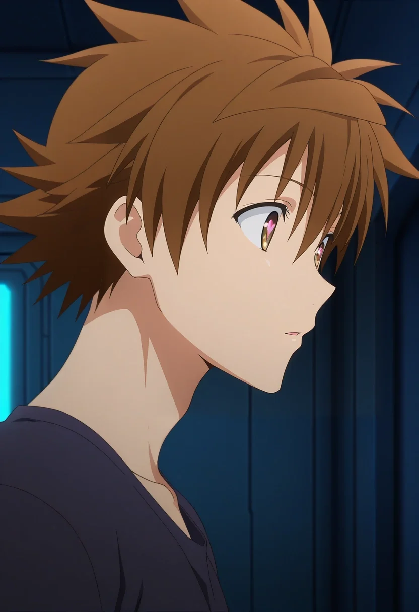 masterpiece, best quality, , anime screencap, anime coloring, official style, , 1boy, solo, male focus, <lora:rito_yuuki_ilxl:0.94>, rito_yuuki, brown hair, brown eyes, spiked hair, from side, spaceship, indoors, dark, slouching, heart eyes,