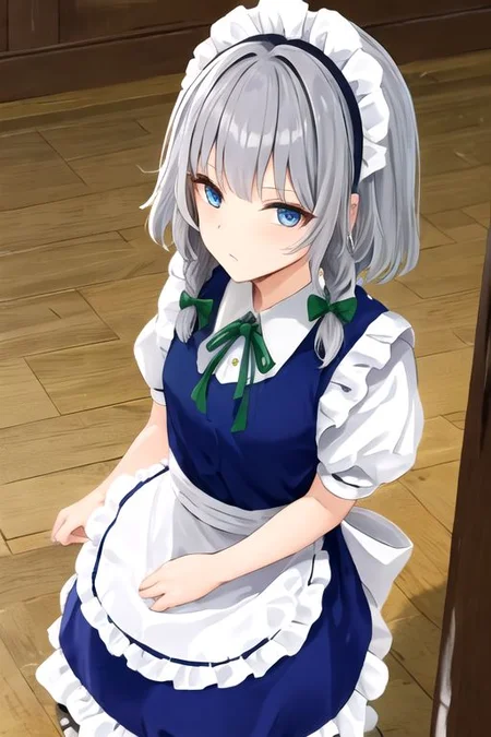 Sakuya, maid headdress, izayoi sakuya, braid, twin braids, grey hair, short hair, sakuya, solo, looking at viewer, bow, blue eyes, hair bow, green bow, bangs, maid, puffy sleeves, short sleeves, apron, dress, blue dress