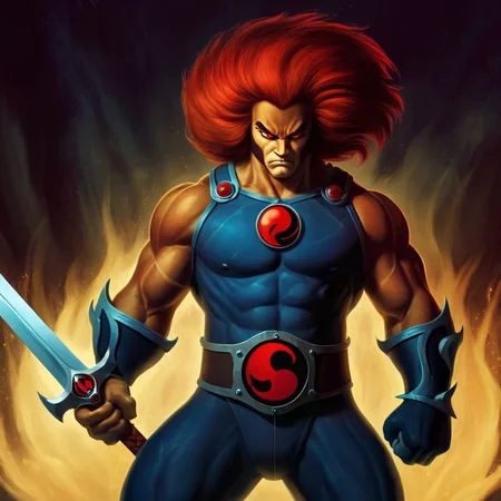 Dark Fantasy Art of <lora:liono thundercats:1>
liono thundercats a cartoon character holding a sword in his hand , dark, moody, dark fantasy style