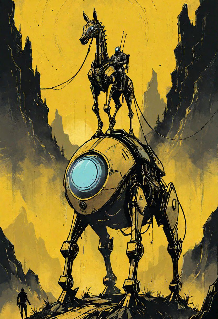 a tall vintage robot riding a futuristic horse-pod in an alien landscape, western, hyper detailed, sci fi, minimalist_sci-fi_dystopia