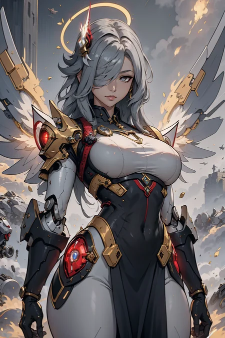 masterpiece, best quality, shenhe \(genshin impact\), 1girl, grey hair, hair over one eye, grey eyes, very long hair, large breasts, <lora:Shenhe-lora-Faxtron:0.75>, wrenchsmechs, glowing, <your_color> mecha, halo, mechanical wings, <lora:Outfit_Mechs:1>