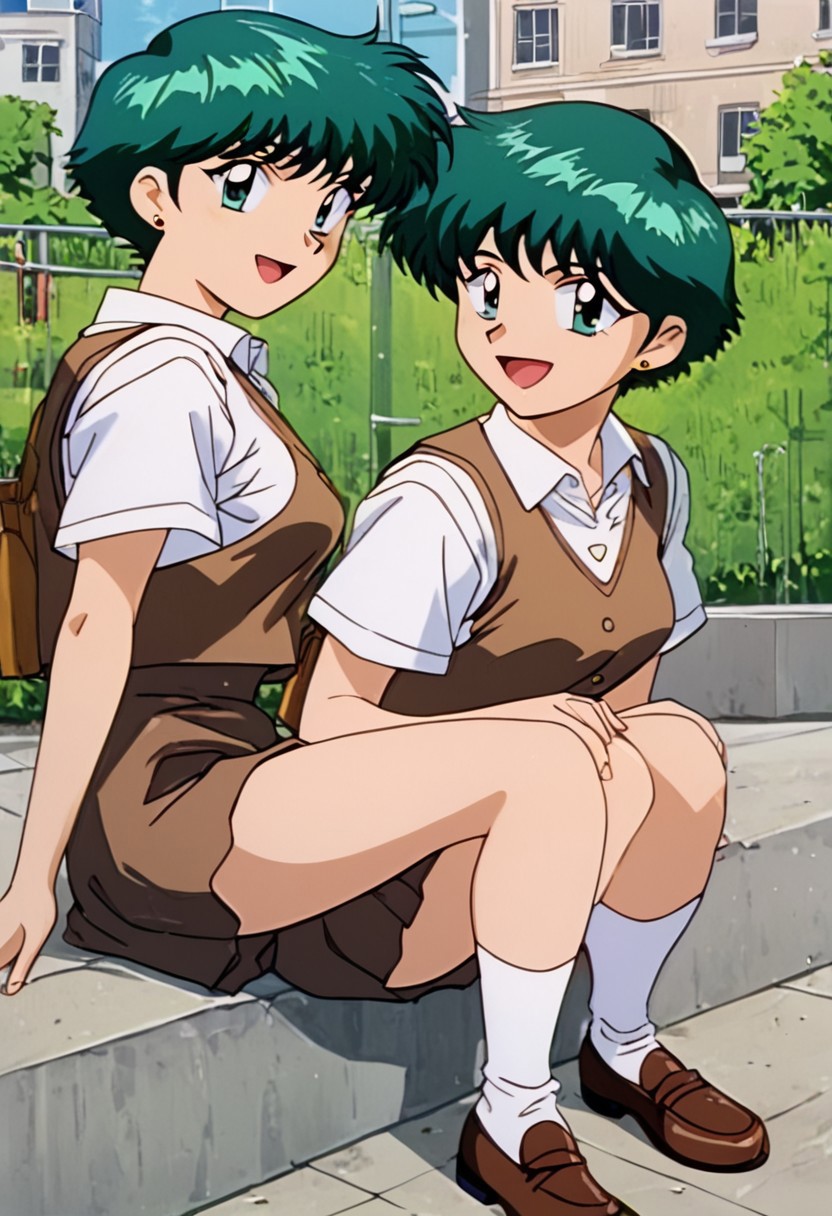 retro artstyle, source_anime, official style, PonyXLV6_Scores, masterpiece, ultra detailed, best quality, beautiful face, perfect anatomy, anatomically correct, detailed eyes, <lora:xl_more_art-full_v1:0.7>, <lora:Detailed_anime_style:0.4>, <lora:LCM&TurboMix:1.0>, <lora:Expressiveh:0.5>, Expressiveh, 5 fingers, perfect hands, perfect feet, BREAK 1girl, full_body, DollMew, 1990s (style), 1girl, solo, green hair, short hair, green eyes, slim sexy body, medium breasts, sitting, proud, looking at viewer, happy smile, joy, (OutfitSchool, (white shirt, short sleeves,), brown vest, brown skirt, white socks, brown shoes, stud earrings, ), cowboy shot, BREAK (courtyard, outdoors, students, multiple boys, uniforms,),