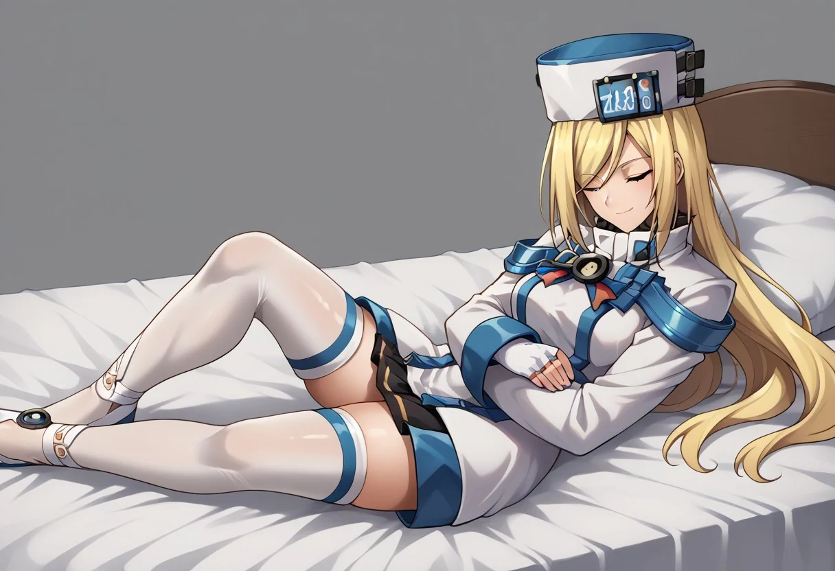 score_9, score_8_up, score_7_up, source_anime, good anatomy, 1girl, solo, MilliaRageXrd, blonde hair, very long hair, blue eyes, short white dress with blue trim, high collar, military uniform, license plate, white hat with blue trim, ushanka, white gloves, belts, white thighhighs, sleeves past wrists, shoes, folded arms, smiling, winking, lying on bed, one raised knee