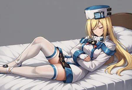 score_9, score_8_up, score_7_up, source_anime, good anatomy, 1girl, solo, MilliaRageXrd, blonde hair, very long hair, blue eyes, short white dress with blue trim, high collar, military uniform, license plate, white hat with blue trim, ushanka, white gloves, belts, white thighhighs, sleeves past wrists, shoes, folded arms, smiling, winking, lying on bed, one raised knee