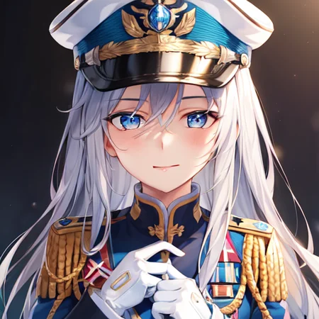 1girl, gloves, hair_between_eyes, hat, jacket, long_hair, long_sleeves, looking_at_viewer, military, military_uniform, silver_hair, smile, solo, uniform, white_gloves