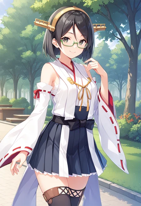 solo, standing, cowboy shot, park,
<lora:KC_05BB_kirishima_pony:1> kirishimakc, black_hair, short hair, glasses, green-framed eyewear, black eyes, kirishimadefkc, nontraditional_miko, detached sleeves, wide sleeves, ribbon-trimmed sleeves, black skirt, miniskirt, black thighhighs, headgear, golden headgear,, score_9,score_8_up, score_7_up, source_anime, masterpiece, best quality, official art, official style, game cg, megami magazine, rating_safe, rating_questionable, <lora:Fixhands_anime_bdsqlsz_V1:0.75>, NEGATIVE_HANDS