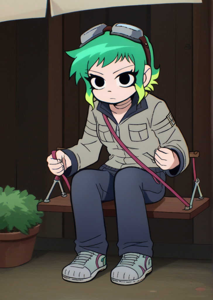score_9, score_8_up, score_7_up, score_6_up, source_anime, zPDXL, BREAK
<lora:Scott_Pilgrim_Takes_Off:1> scottp, sketch, anime coloring, 1girl, solo, Ramona, green hair, blonde hair , multicolored hair, gradient hair, goggles, goggles on head, navy blue puffer coat, Moncler, logo hoodie, Balenciaga, track pants, Off-White, chunky sneakers, Balenciaga, beanie hat, Acne Studios , sitting on a porch swing, peaceful,