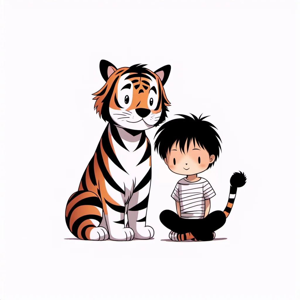 <lora:xiaohua:0.9>,xh,1boy,black hair,striped shirt,shirt,white background,striped,sitting,simple background,chibi,male focus,tiger,animal,smile,blush,:3,whiskers,pants,