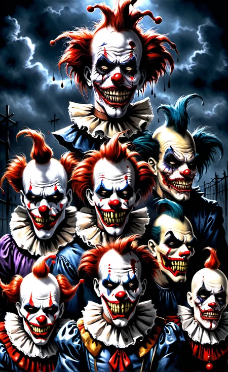 Horror-themed insane klown posse,<lora:xl_more_art-full_v1:0.7>, . Eerie, unsettling, dark, spooky, suspenseful, grim, highly detailed
