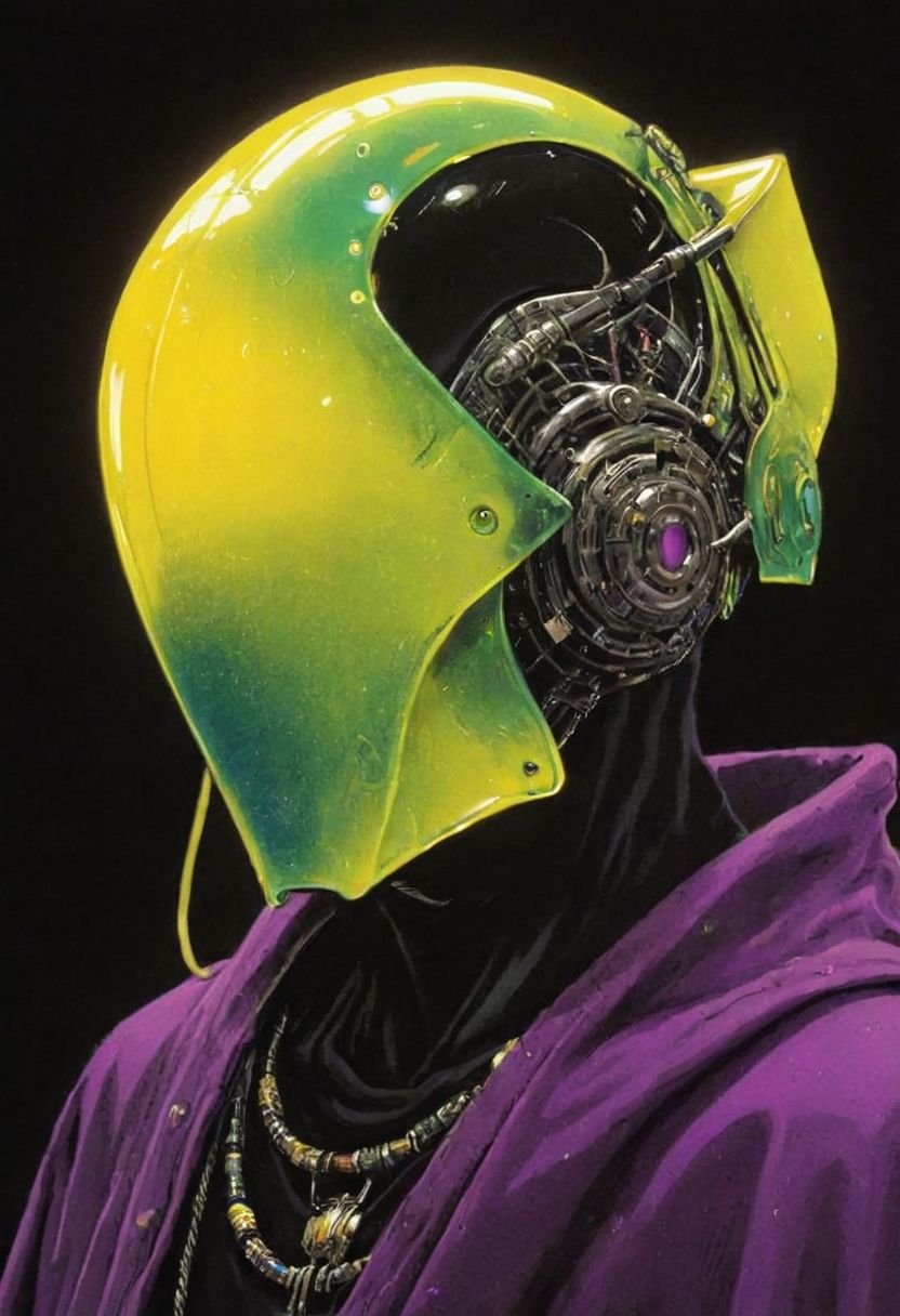 resembling intricately-detailed daft punk, an excentric laughing feudal wired-cyborg Rococo shinobi, vibrant neon colorful, 80s synthwave style, translucent DARK-yellow/purple/turqoise velvet high collar blouse, the face shrouded in darkness, a Large hooded Linen Cape with Highlights and Ornaments, volumetric lighting, ultra detailed, deep Blacks, very detailed, atmospheric haze, Film grain, cinematic film still, shallow depth of field, highly detailed, high budget, cinemascope, moody, epic